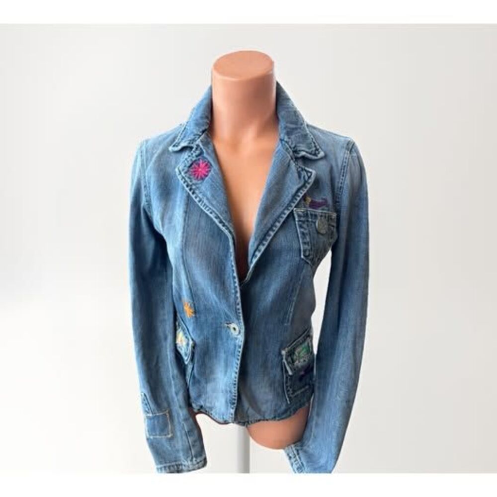 Miss Me Y2K Vtg Denim Floral Embroidered Blazer Jacket Size M Hippie Bamboo